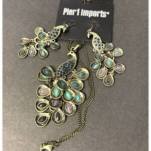 Pier 1 Vintage Peacock Necklace And Earrings Silver color with Turquoise & Pink